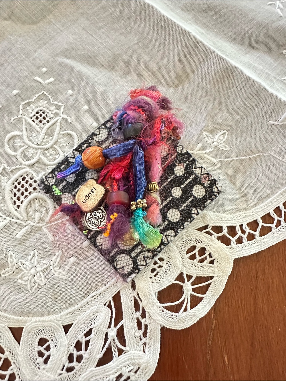 Handmade Fiber Art Brooch Beaded Textile Pin Laugh Charm